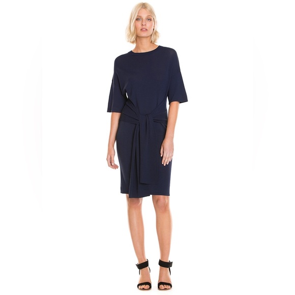 COUNTRY ROAD Navy Blue Stretch Belted Tie Front Summer Knit Casual Midi Dress - Picture 6 of 13